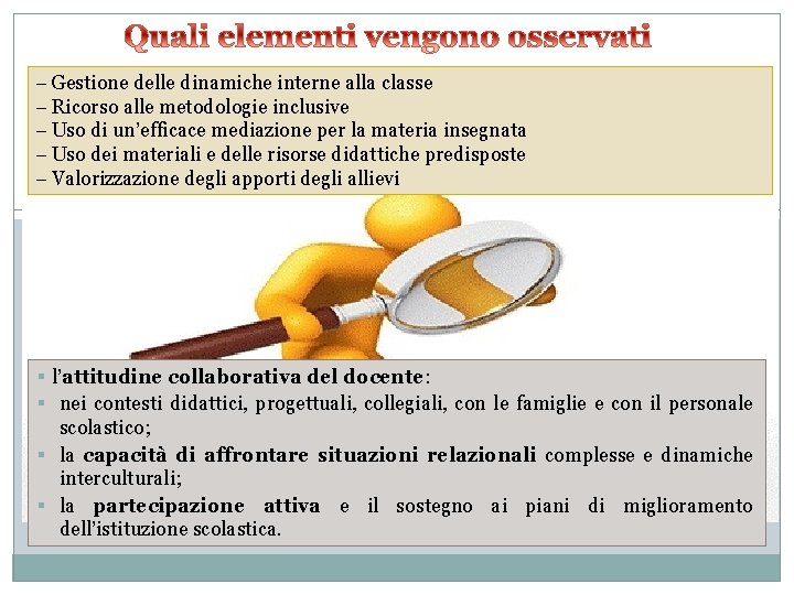  Gestione delle dinamiche interne alla classe Ricorso alle metodologie inclusive Uso di un’efficace