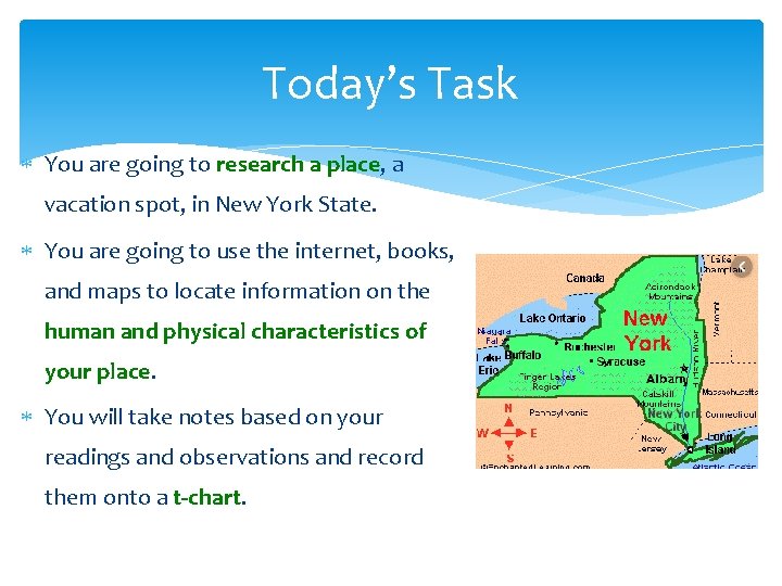 Today’s Task You are going to research a place, a vacation spot, in New