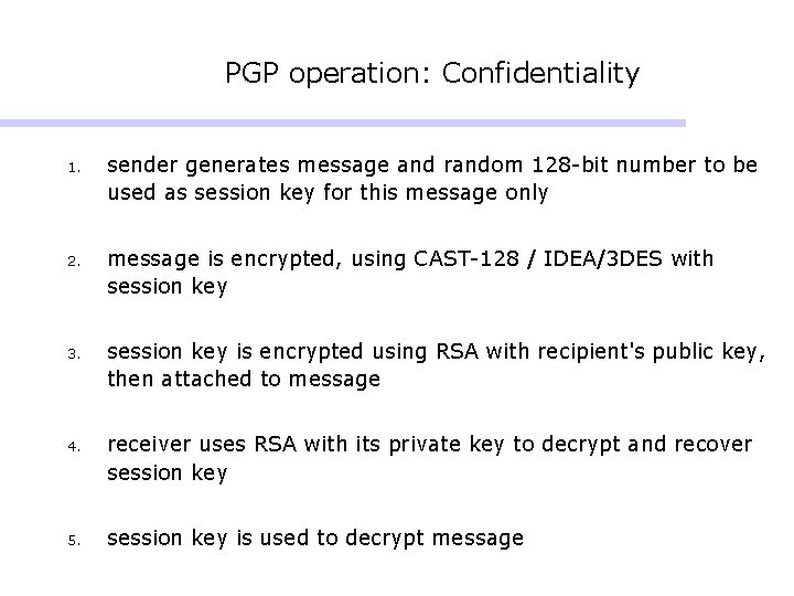 PGP operation: Confidentiality 1. sender generates message and random 128 -bit number to be PGP operation: Confidentiality 1. sender generates message and random 128 -bit number to be