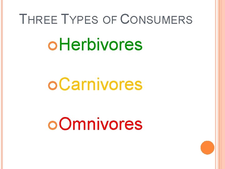 THREE TYPES OF CONSUMERS Herbivores Carnivores Omnivores 