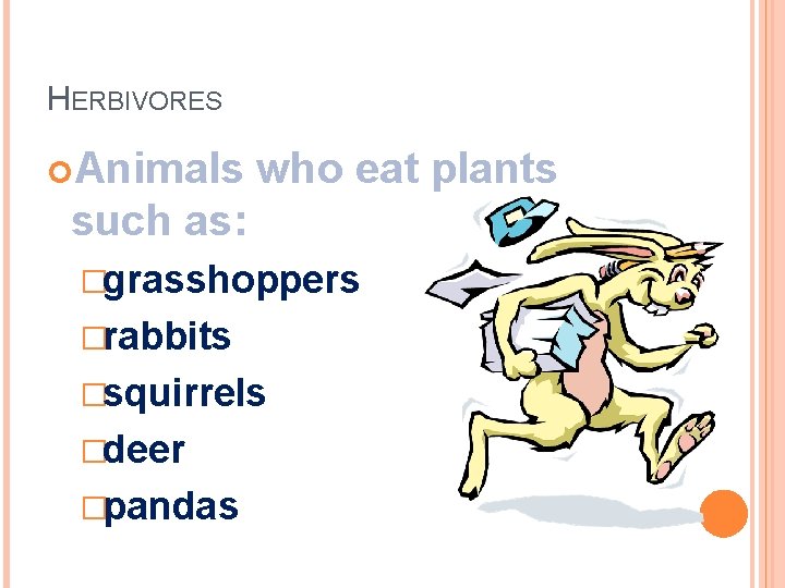 HERBIVORES Animals who eat plants such as: �grasshoppers �rabbits �squirrels �deer �pandas 