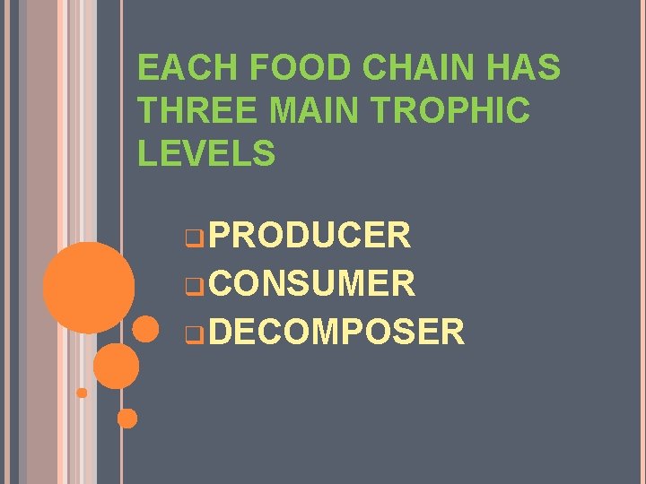 EACH FOOD CHAIN HAS THREE MAIN TROPHIC LEVELS q. PRODUCER q. CONSUMER q. DECOMPOSER