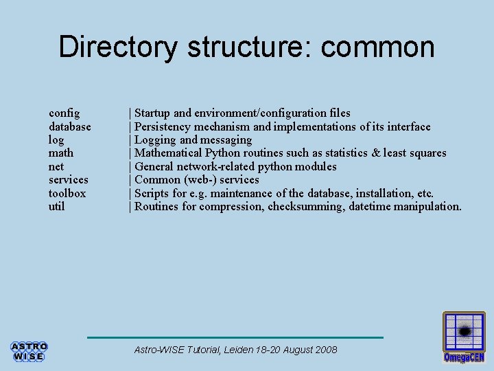Directory structure: common config database log math net services toolbox util | Startup and