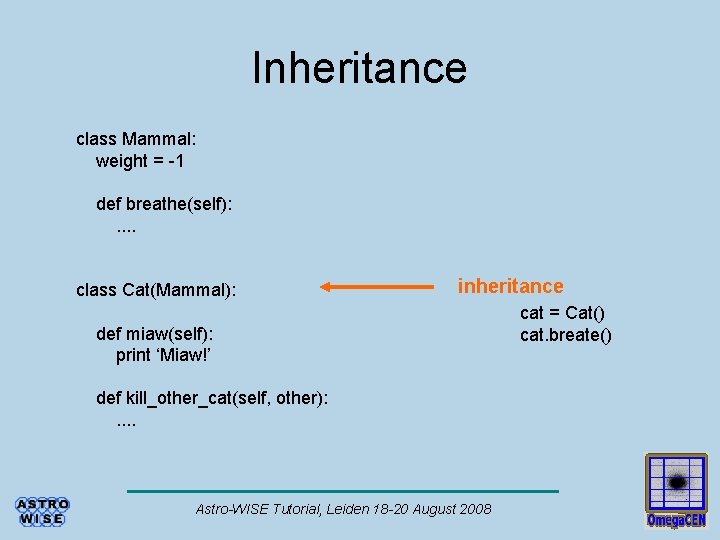 Inheritance class Mammal: weight = -1 def breathe(self): . . class Cat(Mammal): inheritance def