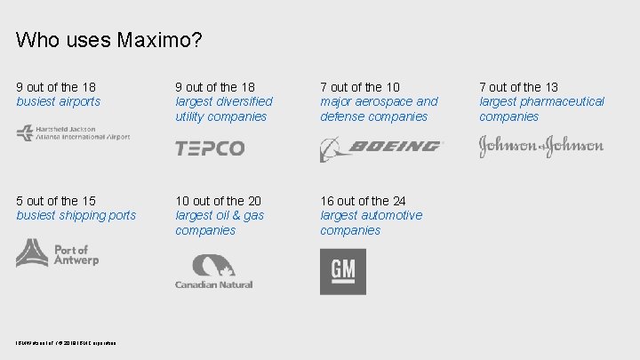 Who uses Maximo? 9 out of the 18 busiest airports 9 out of the