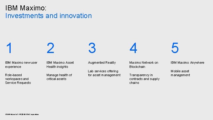 IBM Maximo: Investments and innovation 1 2 3 4 5 IBM Maximo new user