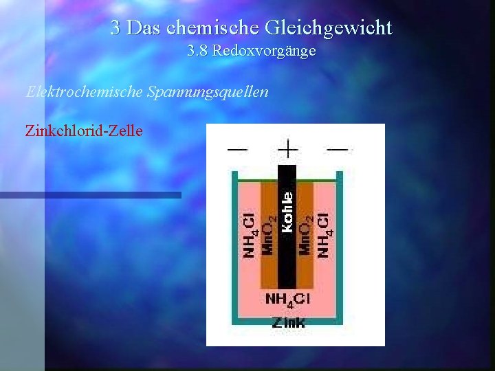 3 Das chemische Gleichgewicht 3. 8 Redoxvorgänge Elektrochemische Spannungsquellen Zinkchlorid-Zelle 