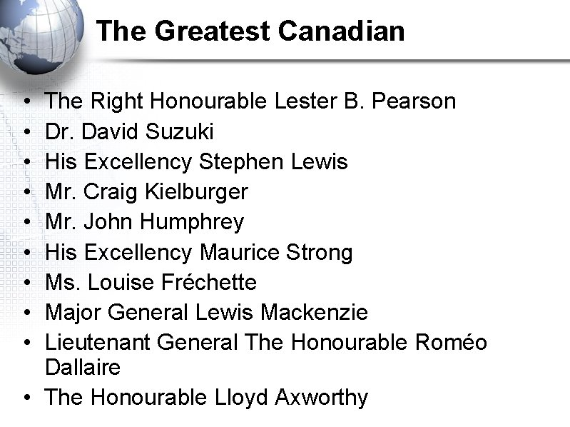 The Greatest Canadian • • • The Right Honourable Lester B. Pearson Dr. David