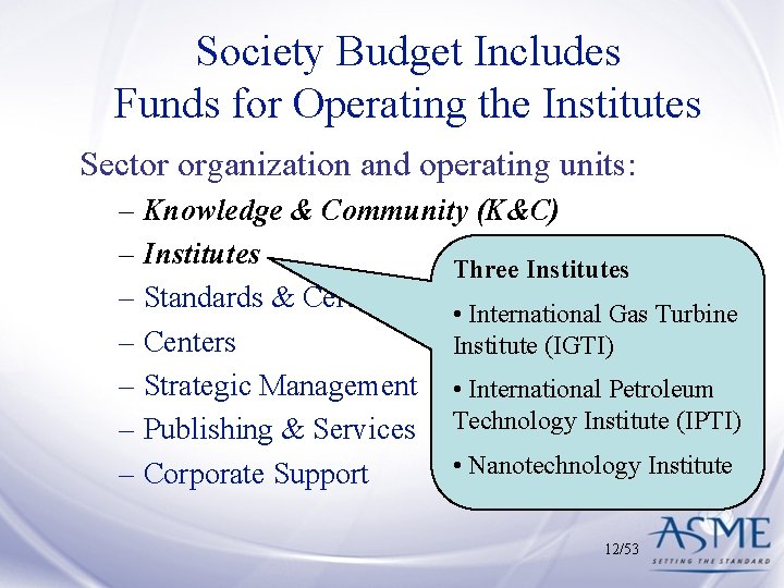 Society Budget Includes Funds for Operating the Institutes Sector organization and operating units: –