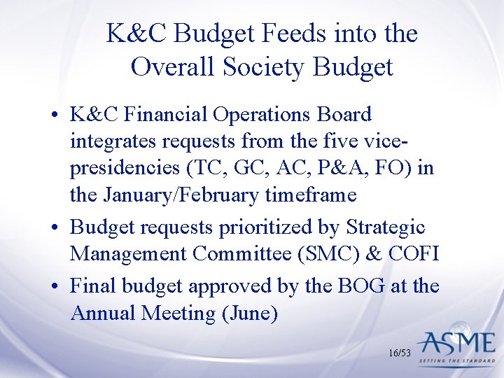 K&C Budget Feeds into the Overall Society Budget • K&C Financial Operations Board integrates