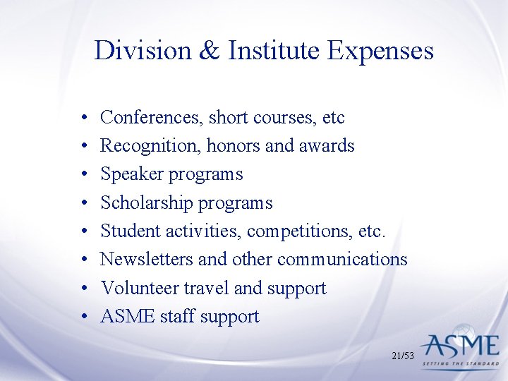 Division & Institute Expenses • • Conferences, short courses, etc Recognition, honors and awards