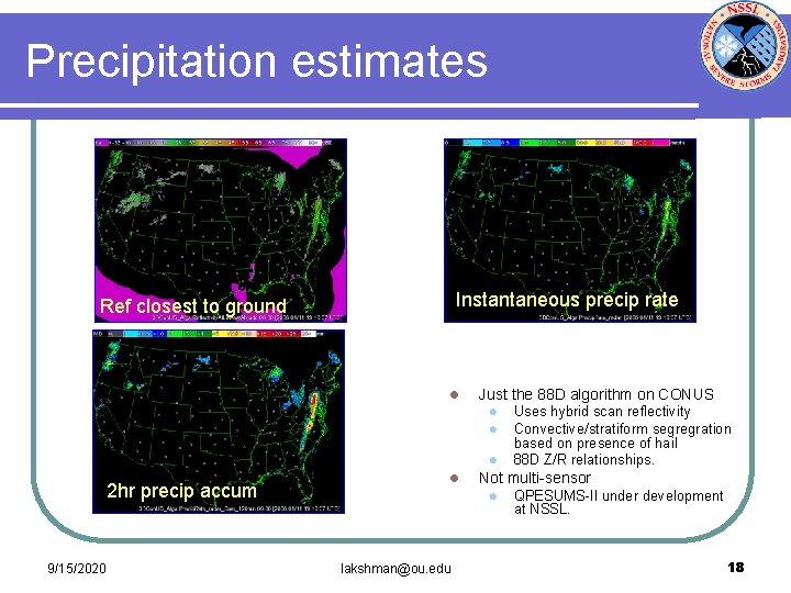 Precipitation estimates Instantaneous precip rate Ref closest to ground l Just the 88 D