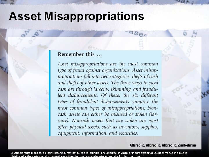 Asset Misappropriations Albrecht, Zimbelman © 2011 Cengage Learning. All Rights Reserved. May not be