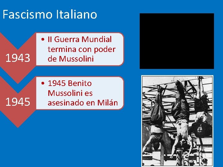 Fascismo Italiano 1943 • II Guerra Mundial termina con poder de Mussolini 1945 •