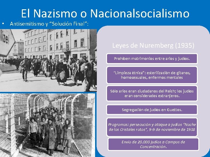 El Nazismo o Nacionalsocialismo • Antisemitismo y “Solución Final”: Leyes de Nuremberg (1935) Prohíben