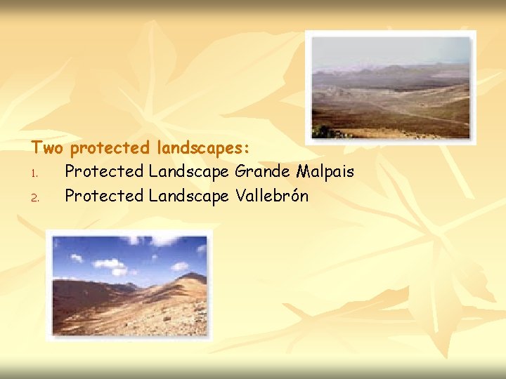 Two protected landscapes: 1. Protected Landscape Grande Malpais 2. Protected Landscape Vallebrón 