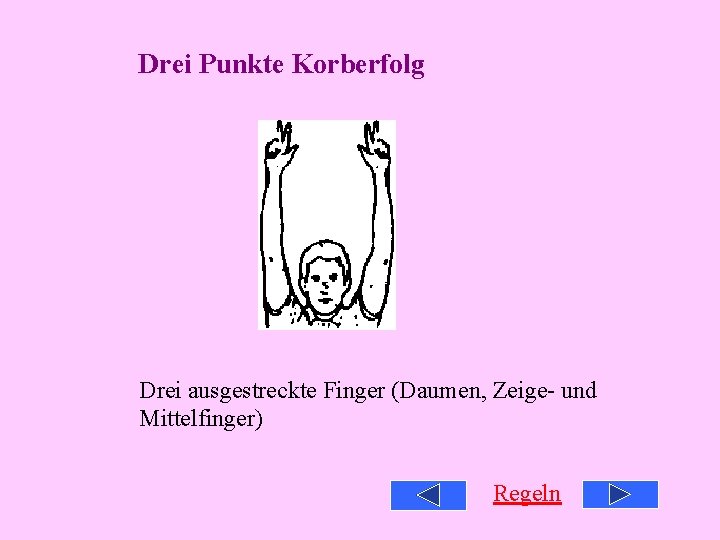 Drei Punkte Korberfolg Drei ausgestreckte Finger (Daumen, Zeige- und Mittelfinger) Regeln 