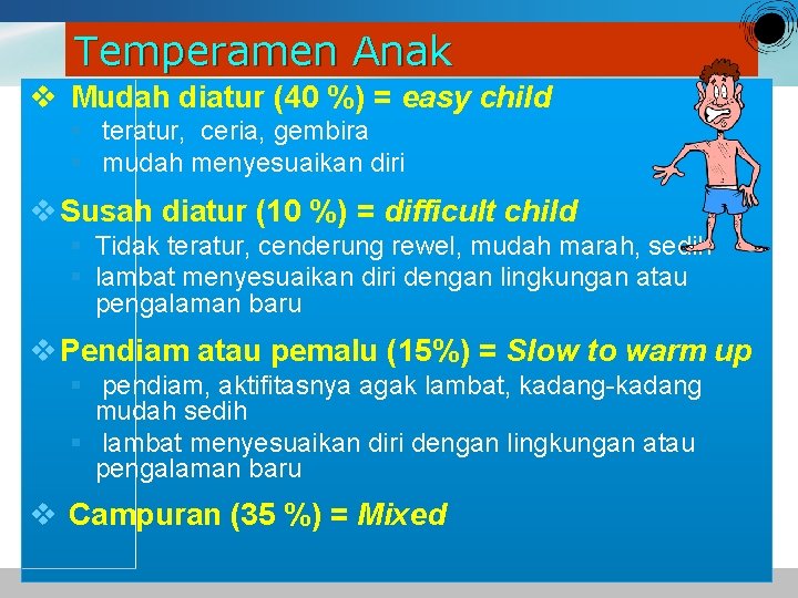 Temperamen Anak v Mudah diatur (40 %) = easy child § teratur, ceria, gembira