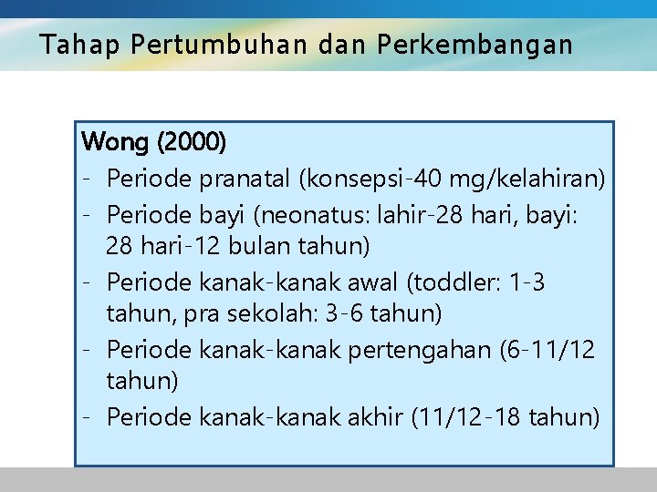 Tahap Pertumbuhan dan Perkembangan Wong (2000) - Periode pranatal (konsepsi-40 mg/kelahiran) - Periode bayi