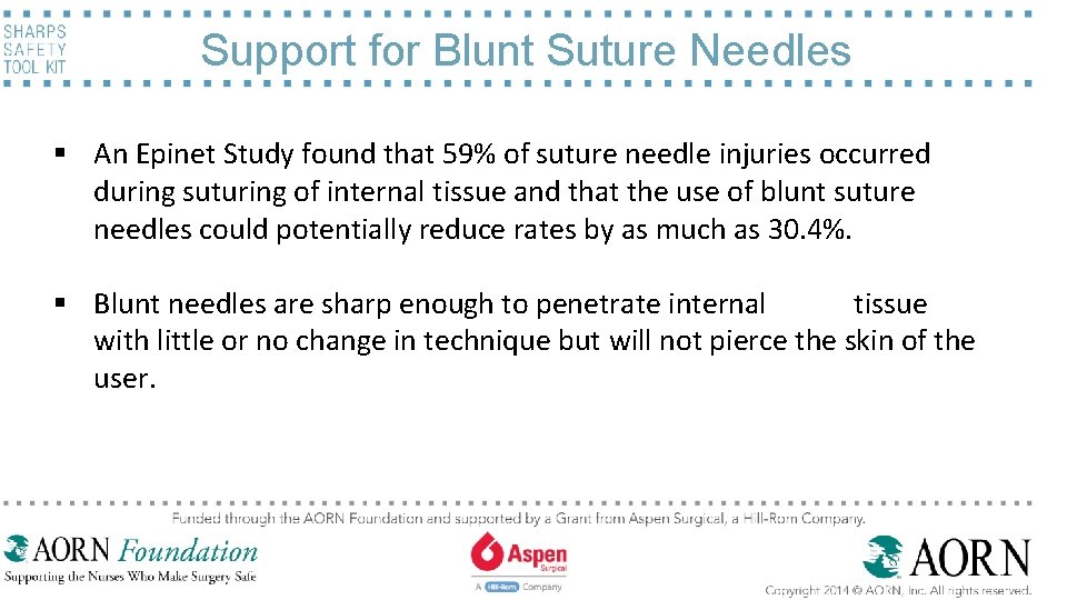 Support for Blunt Suture Needles § An Epinet Study found that 59% of suture