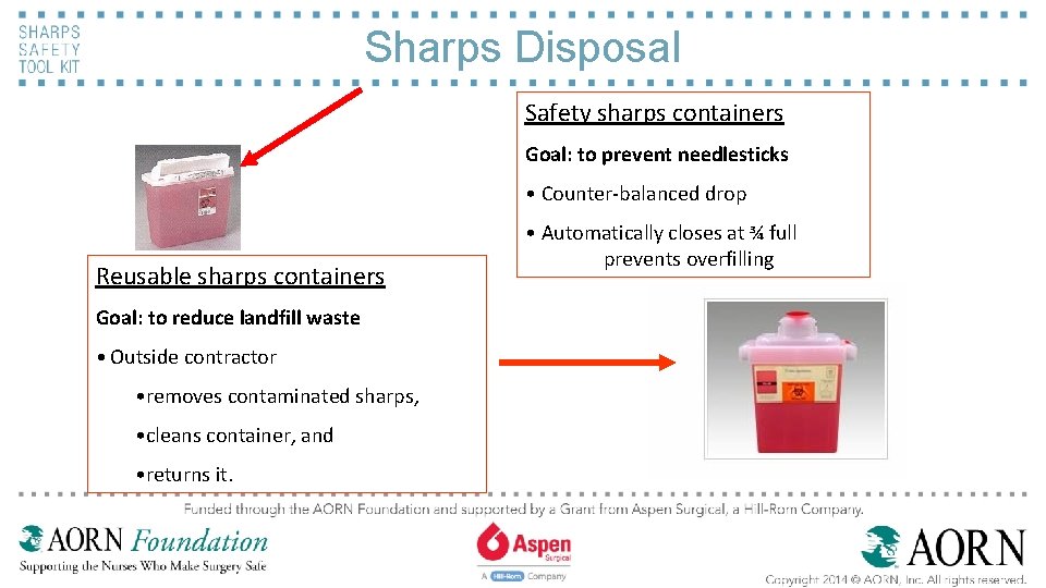 Sharps Disposal Safety sharps containers Goal: to prevent needlesticks • Counter-balanced drop Reusable sharps