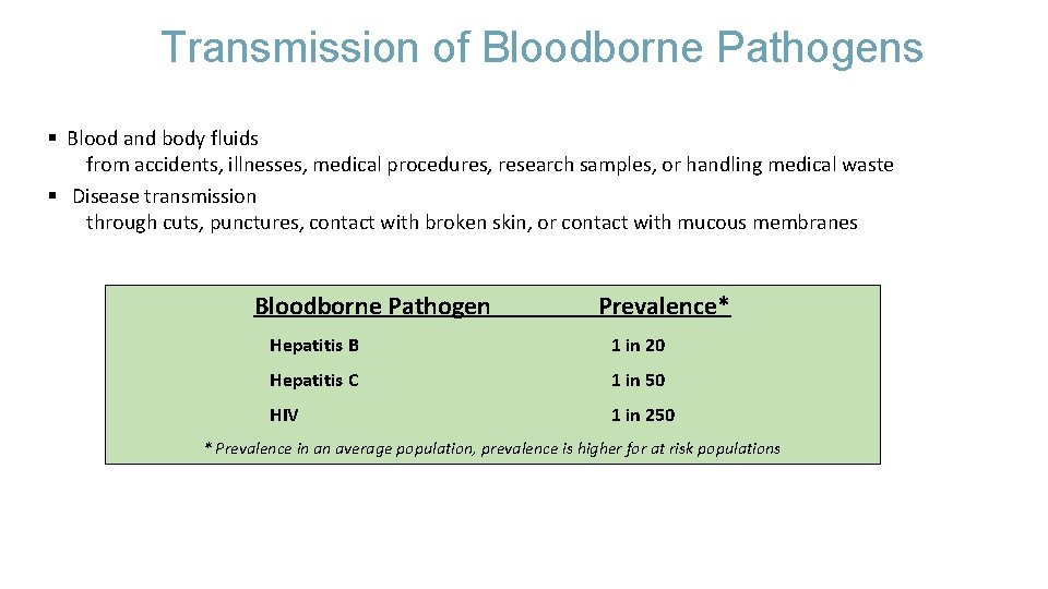 Transmission of Bloodborne Pathogens § Blood and body fluids from accidents, illnesses, medical procedures,