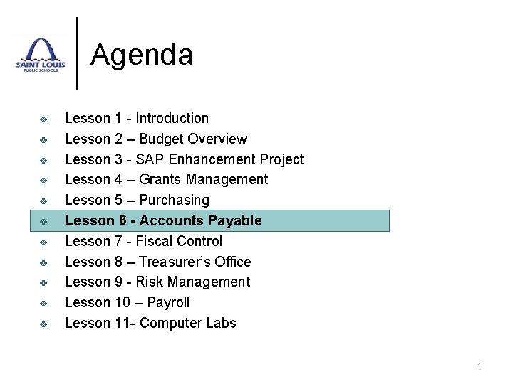 Agenda v v v Lesson 1 - Introduction Lesson 2 – Budget Overview Lesson