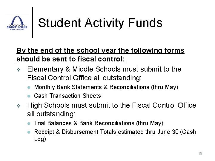 Student Activity Funds By the end of the school year the following forms should