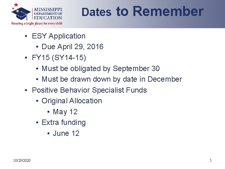 Dates to Remember • ESY Application • Due April 29, 2016 • FY 15