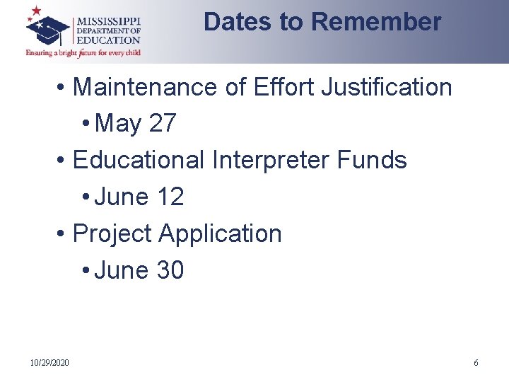 Dates to Remember • Maintenance of Effort Justification • May 27 • Educational Interpreter