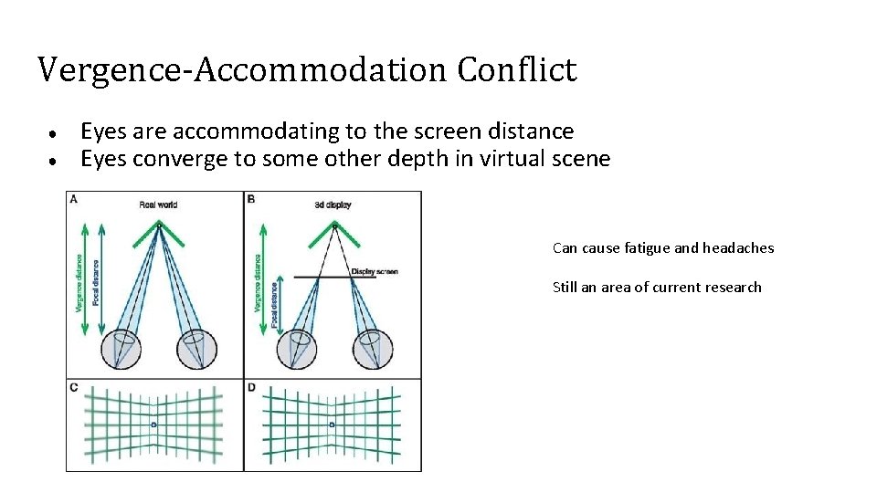 Vergence-Accommodation Conflict ● ● Eyes are accommodating to the screen distance Eyes converge to