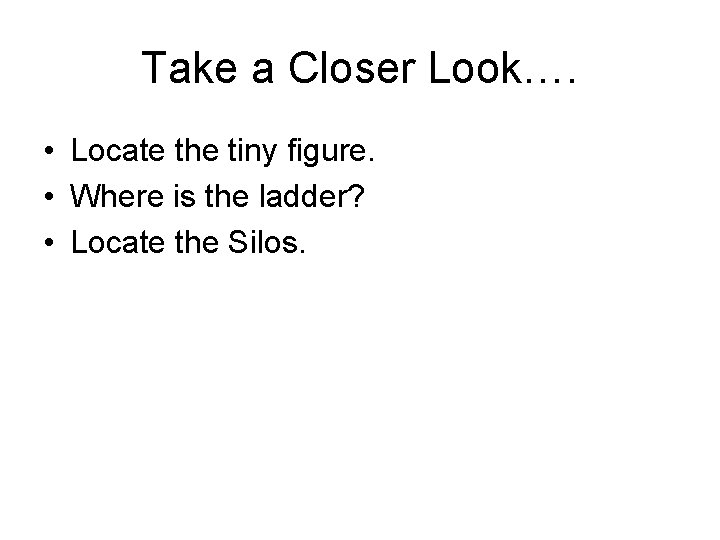 Take a Closer Look…. • Locate the tiny figure. • Where is the ladder?