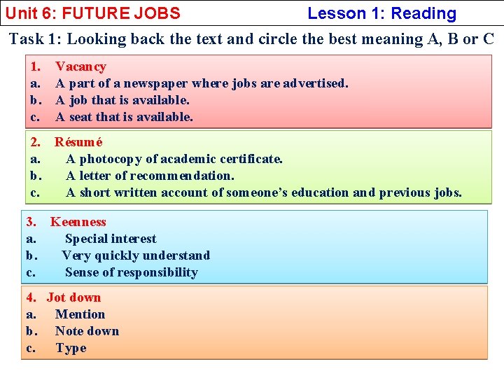 Unit 6: FUTURE JOBS Lesson 1: Reading Task 1: Looking back the text and