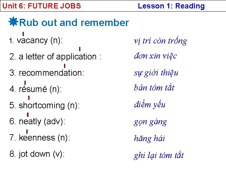 Unit 6: FUTURE JOBS Lesson 1: Reading Rub out and remember 1. vacancy (n):