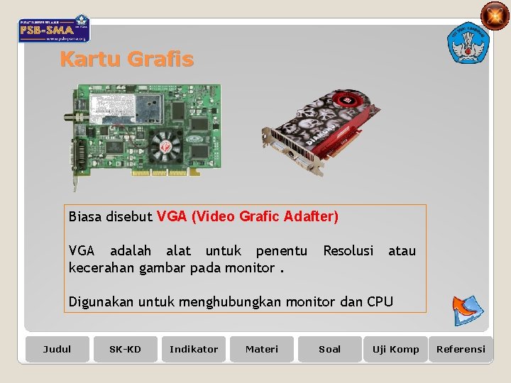 Kartu Grafis Biasa disebut VGA (Video Grafic Adafter) VGA adalah alat untuk penentu kecerahan
