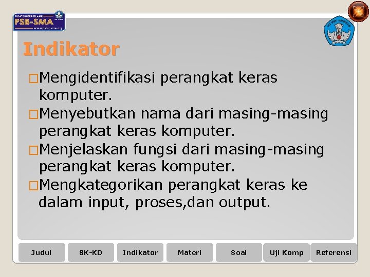 Indikator �Mengidentifikasi perangkat keras komputer. �Menyebutkan nama dari masing-masing perangkat keras komputer. �Menjelaskan fungsi