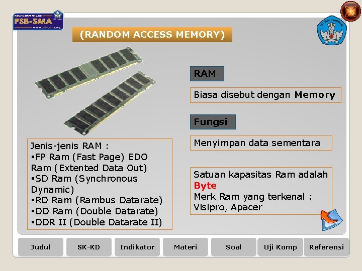 (RANDOM ACCESS MEMORY) RAM Biasa disebut dengan Memory Fungsi Jenis-jenis RAM : §FP Ram