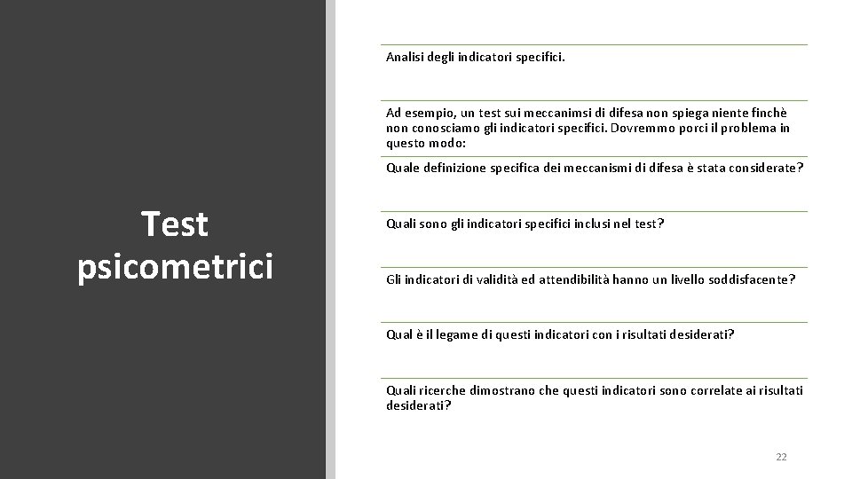 Analisi degli indicatori specifici. Ad esempio, un test sui meccanimsi di difesa non spiega