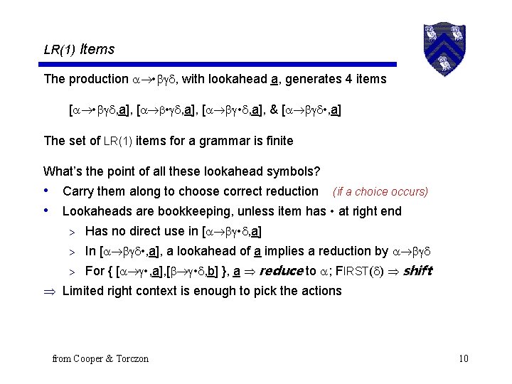 LR(1) Items The production • , with lookahead a, generates 4 items [ •