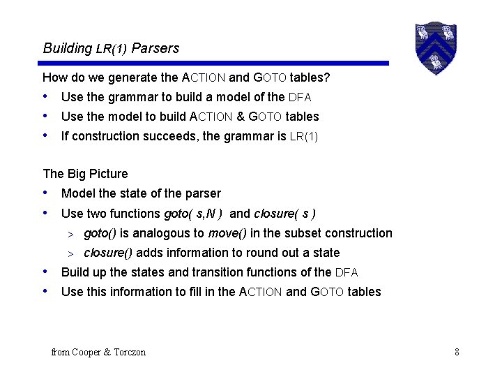 Building LR(1) Parsers How do we generate the ACTION and GOTO tables? • Use