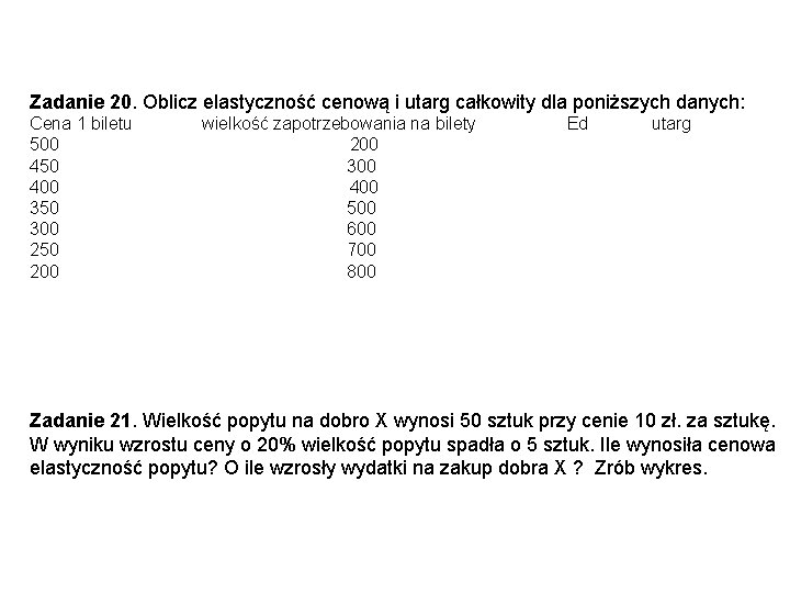 Zadanie 20. Oblicz elastyczność cenową i utarg całkowity dla poniższych danych: Cena 1 biletu