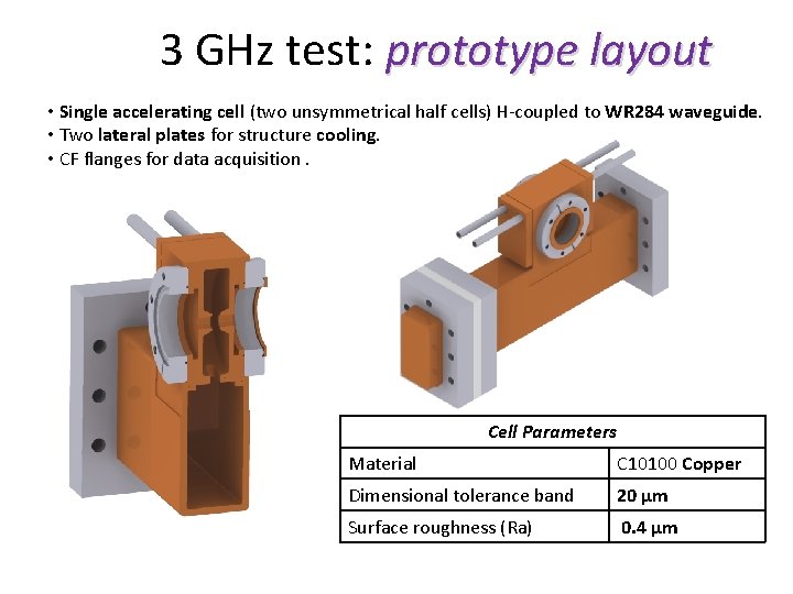 3 GHz test: prototype layout • Single accelerating cell (two unsymmetrical half cells) H-coupled