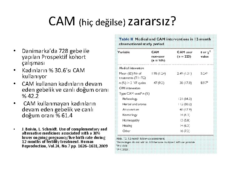 CAM (hiç değilse) zararsız? • Danimarka’da 728 gebe ile yapılan Prospektif kohort çalışması •
