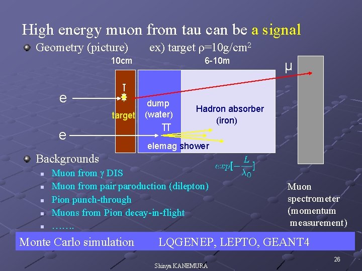 High energy muon from tau can be a signal Geometry (picture) ex) target ρ=10