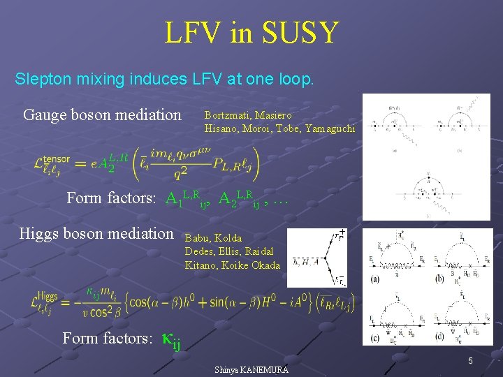 LFV in SUSY Slepton mixing induces LFV at one loop. Gauge boson mediation Bortzmati,