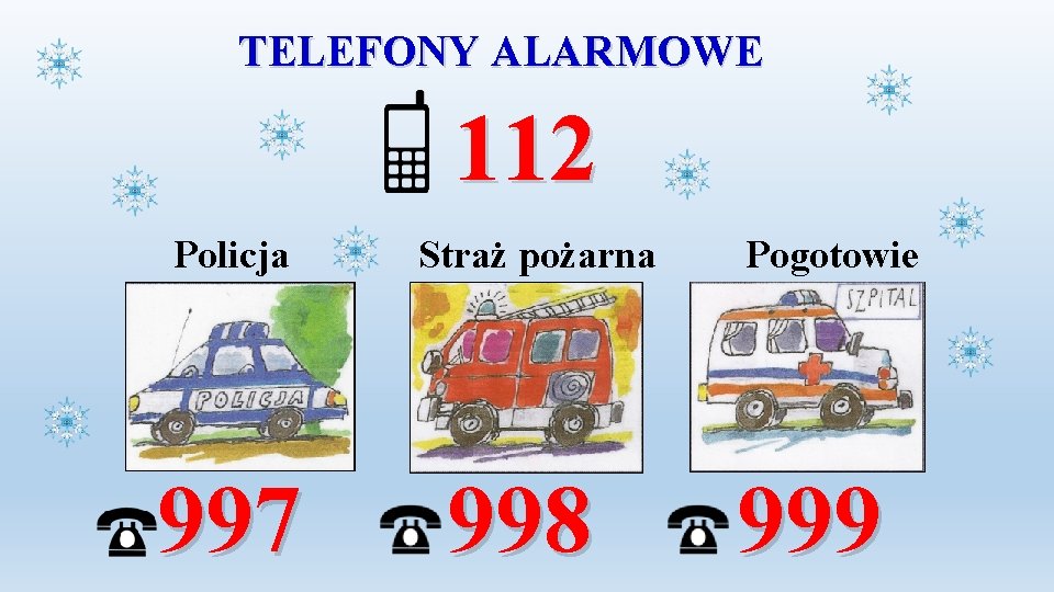 TELEFONY ALARMOWE 112 Policja 997 Straż pożarna 998 Pogotowie 999 