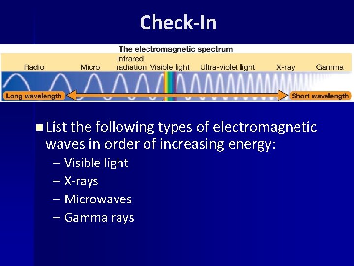 Check-In n List the following types of electromagnetic waves in order of increasing energy: