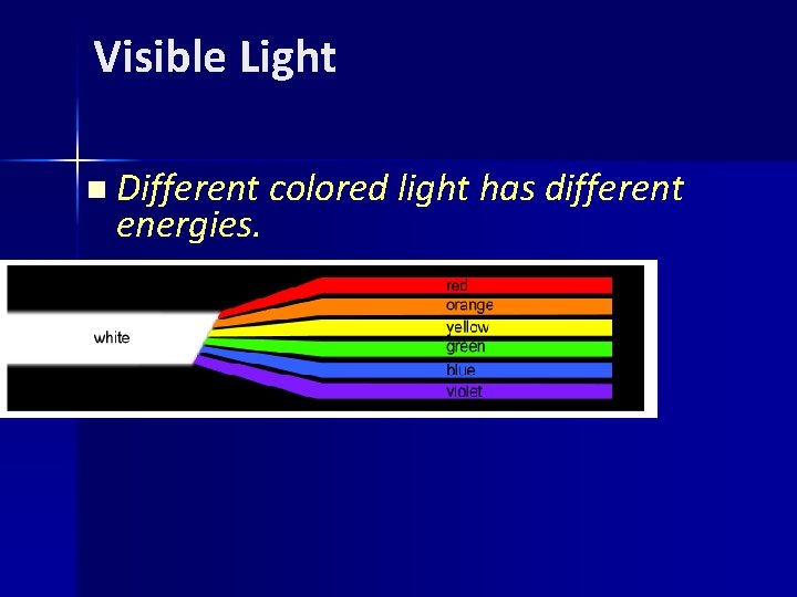 Visible Light n Different colored light has different energies. 