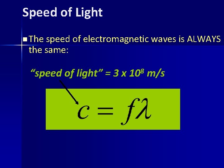 Speed of Light n The speed of electromagnetic waves is ALWAYS the same: “speed