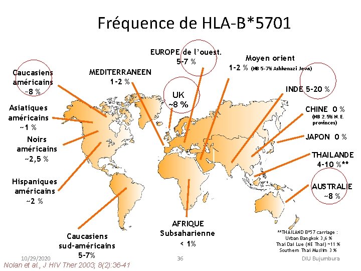 Fréquence de HLA-B*5701 Caucasiens américains ~8 % Asiatiques américains ~1 % EUROPE de l’ouest.